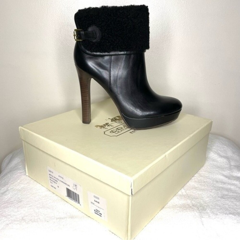 Coach Boots Heels Apple Vin Veg Leather Shearling Cuff High New Black Size 9